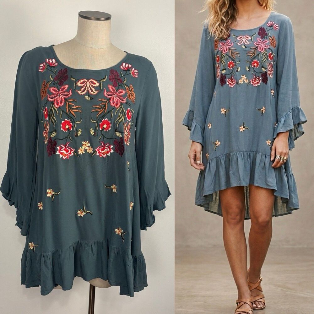 Jodifl Anthopologie M Green Floral Embroidered A-line Tunic Dress Bell Sleeves